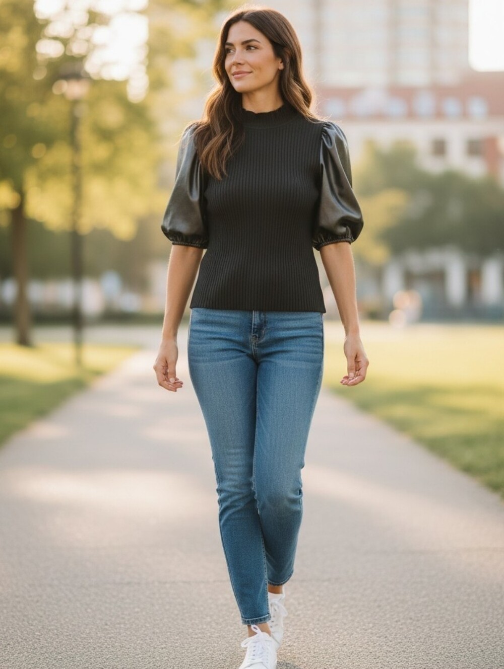 Marc New York Black Puff Sleeve Ribbed Top - Picture 1 of 4